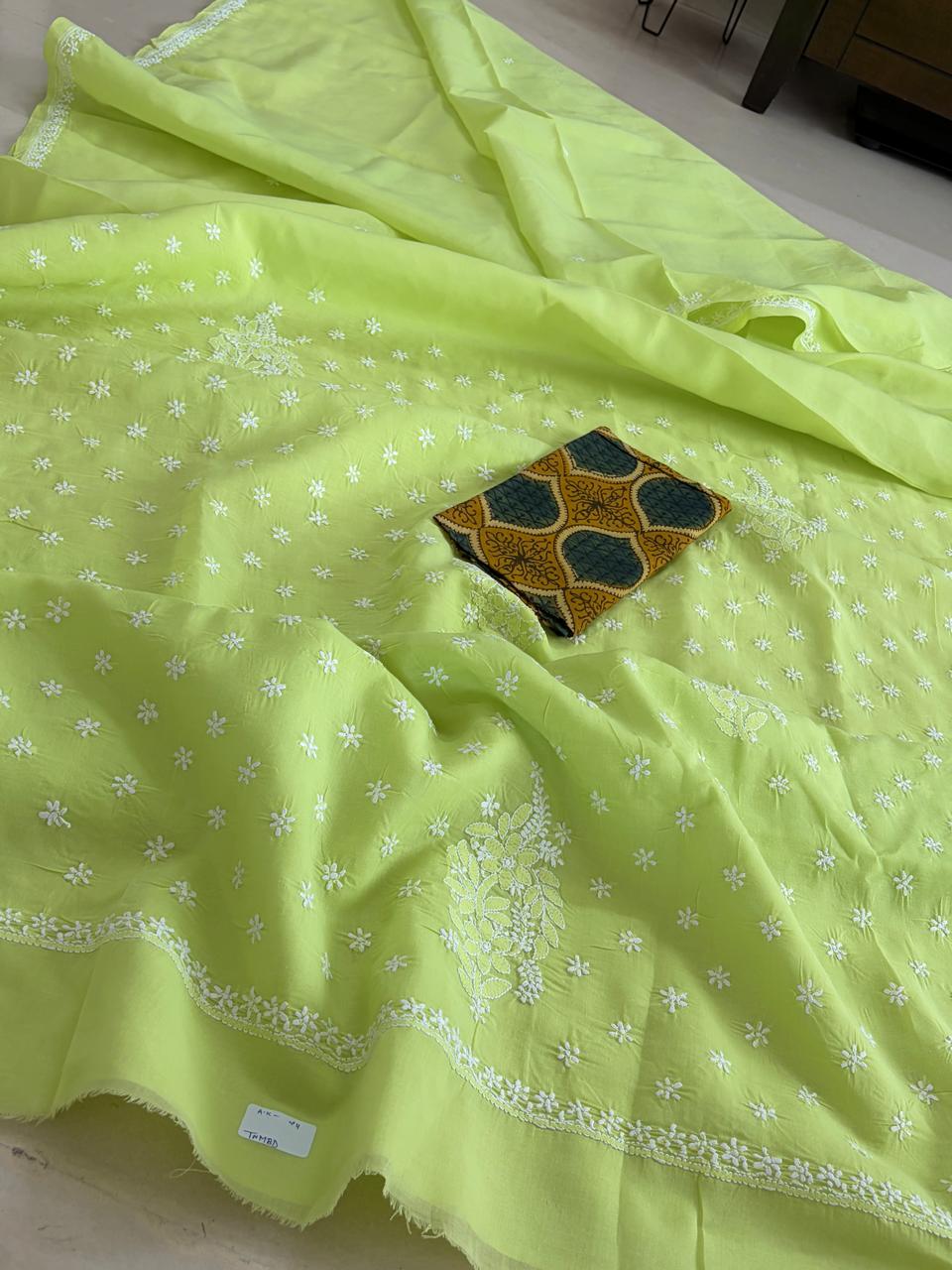 Pure Soft Cotton Chikankari Handwork Saree from Lucknow - Green