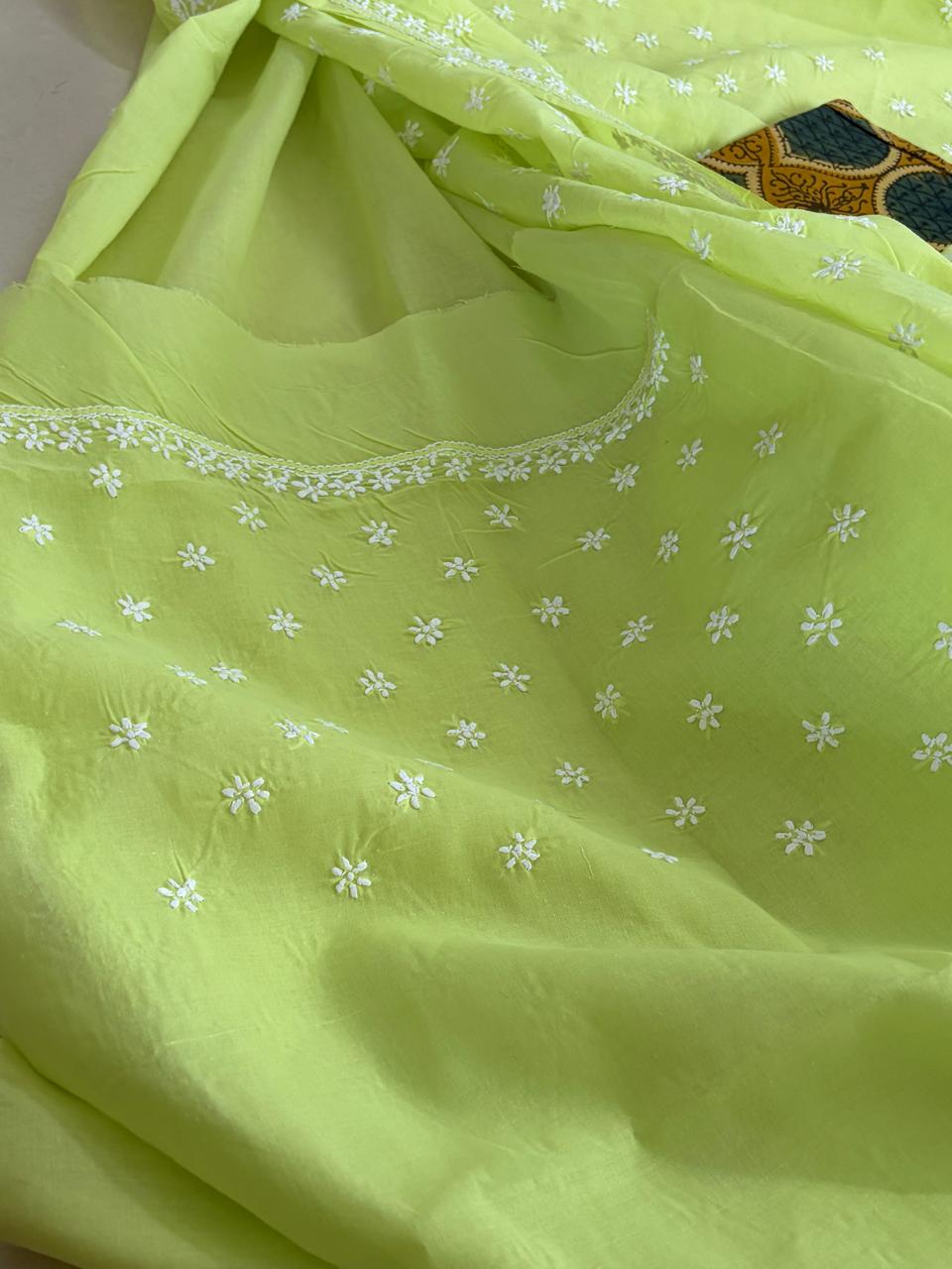 Pure Soft Cotton Chikankari Handwork Saree from Lucknow - Green