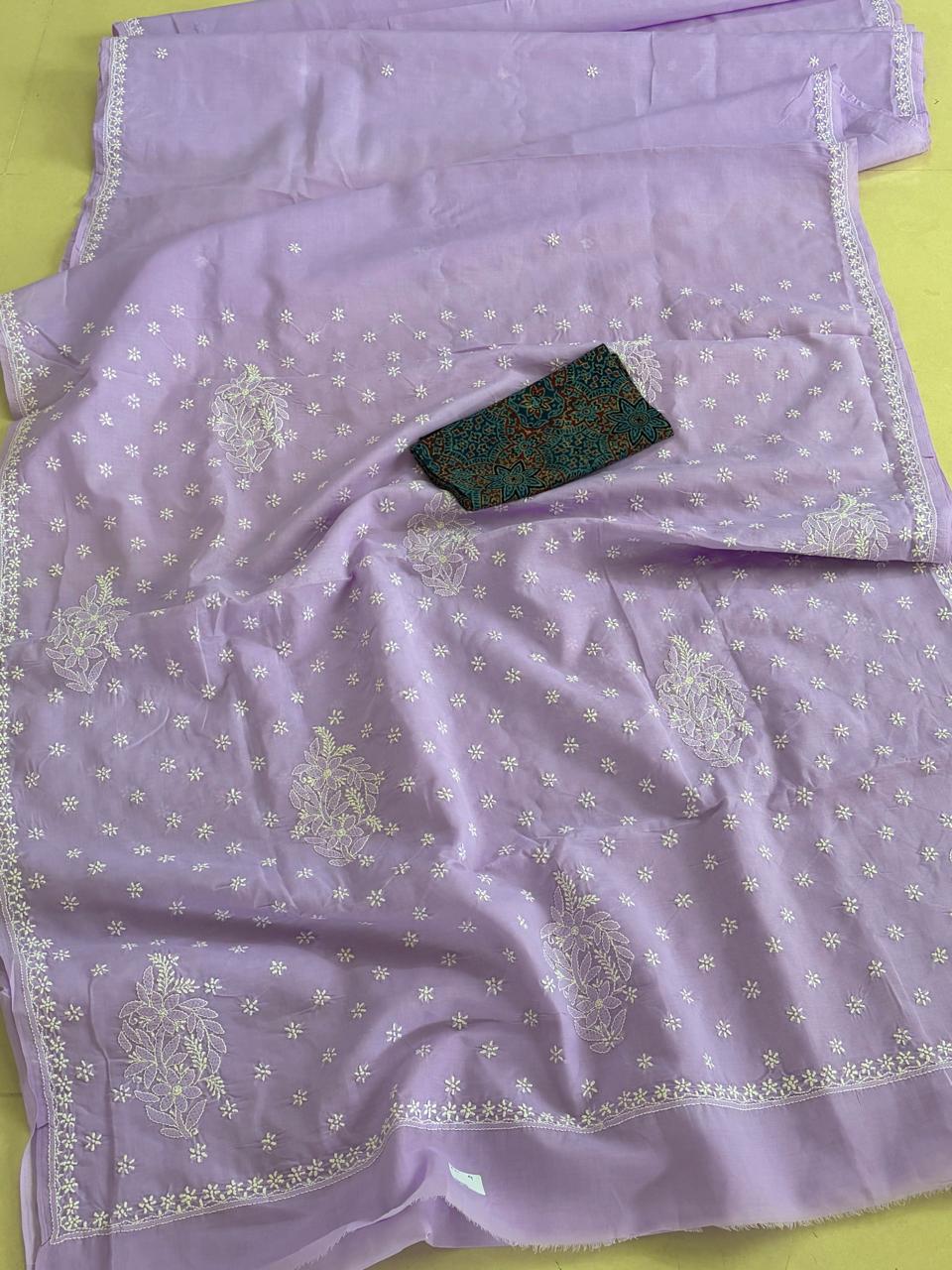 Pure Soft Cotton Chikankari Handwork Saree from Lucknow - Lavender