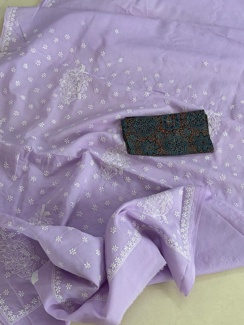 Pure Soft Cotton Chikankari Handwork Saree from Lucknow - Lavender