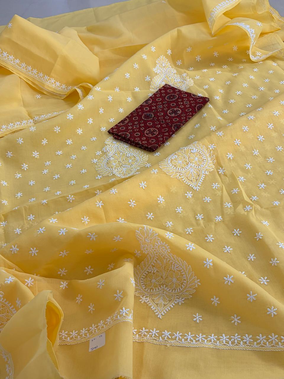 Pure Soft Cotton Chikankari Handwork Saree from Lucknow - Yellow