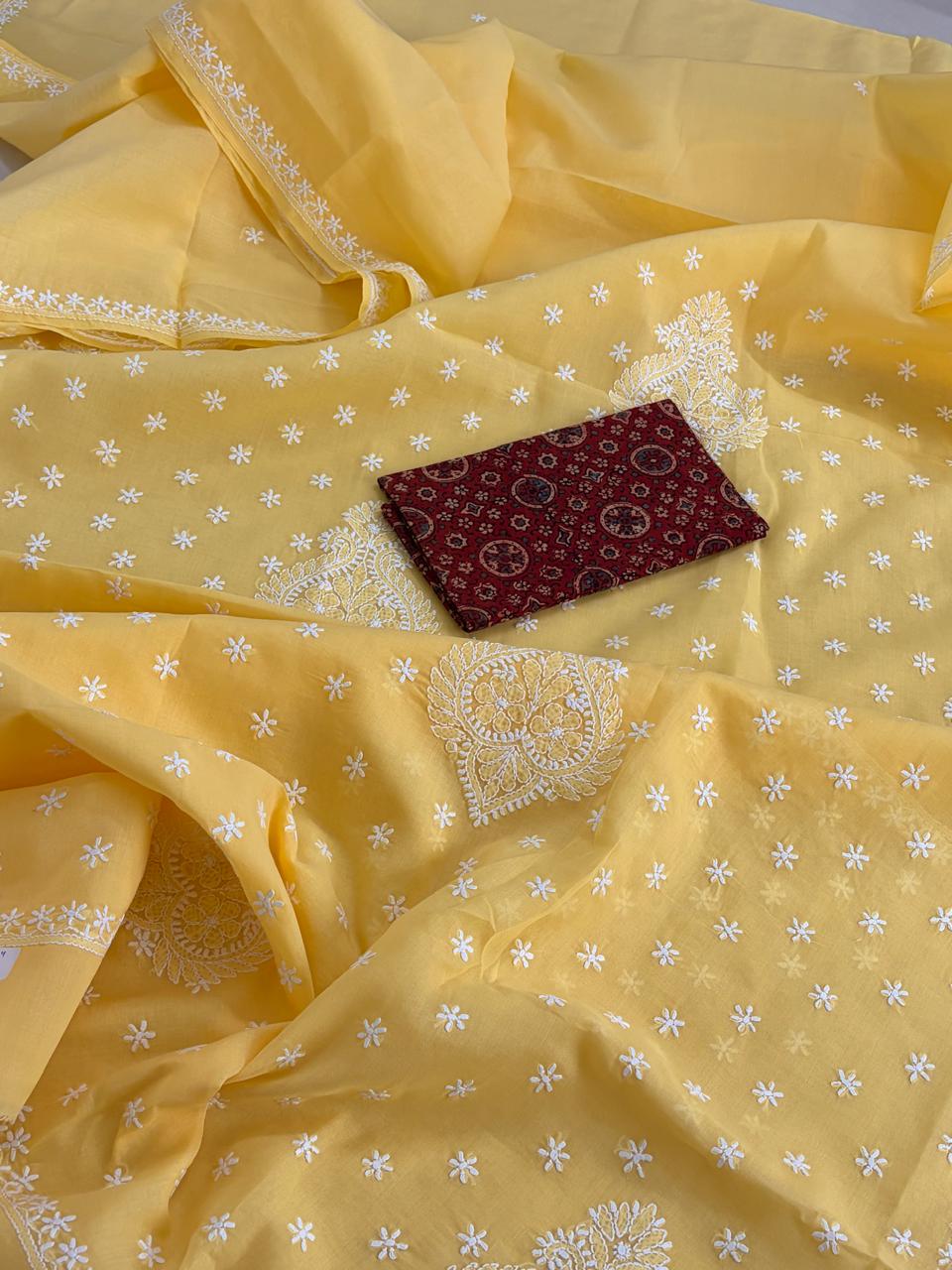 Pure Soft Cotton Chikankari Handwork Saree from Lucknow - Yellow