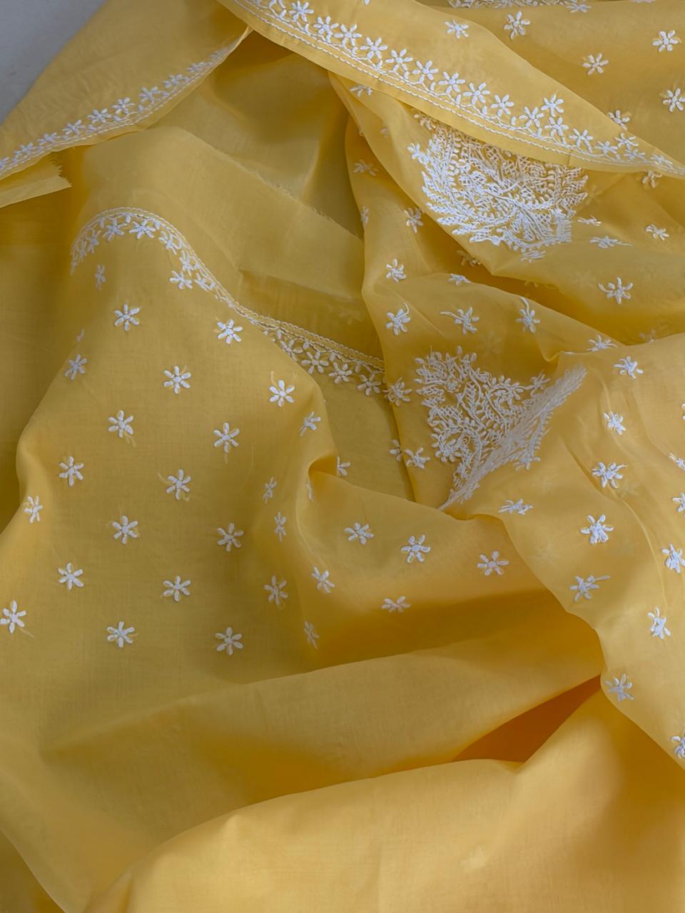 Pure Soft Cotton Chikankari Handwork Saree from Lucknow - Yellow