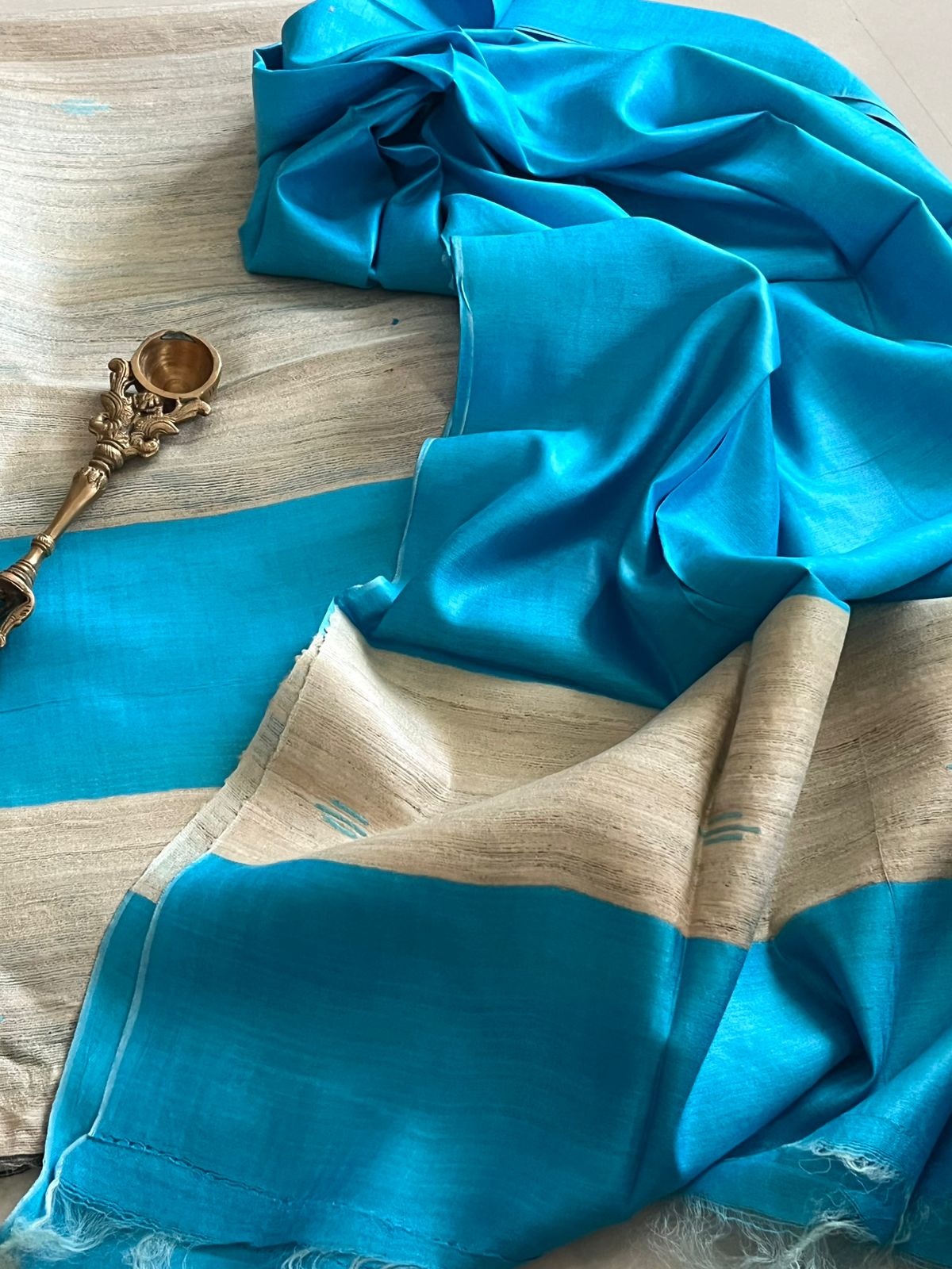 Pure Tussar Geecha Silk Handwoven Suits - Beige - Blue