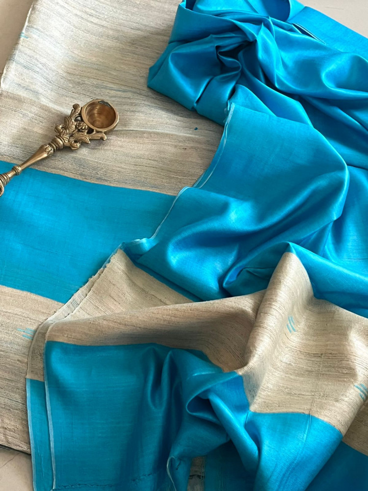 Image of Pure Tussar Geecha Silk Handwoven Suits - Beige - Blue