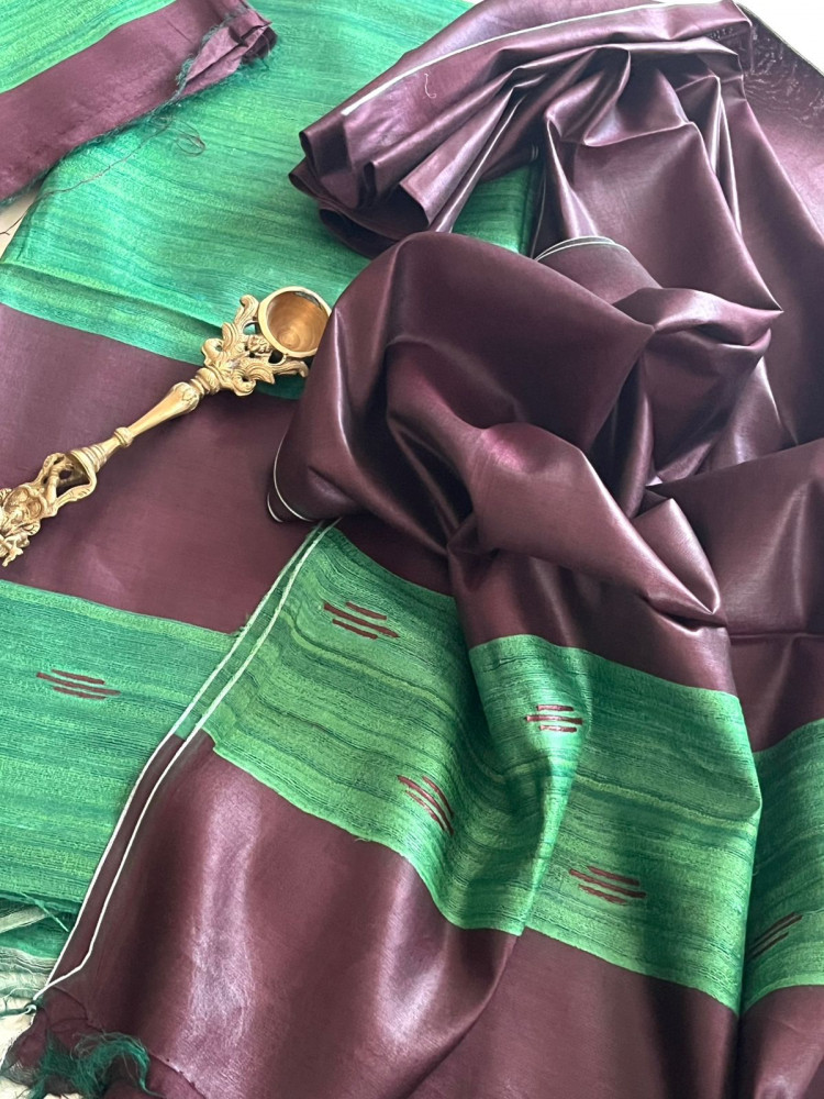 Image of Pure Tussar Geecha Silk Handwoven Suits - Green - Brown