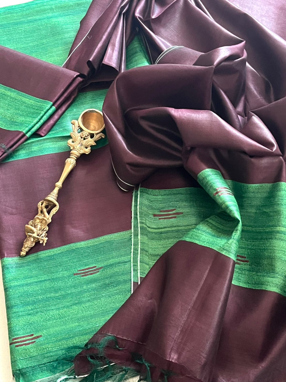 Pure Tussar Geecha Silk Handwoven Suits - Green - Brown