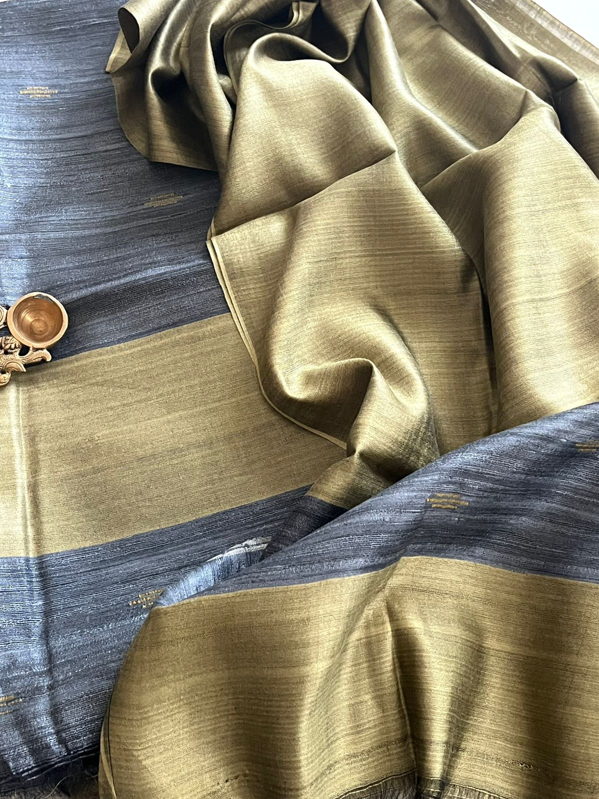 Pure Tussar Geecha Silk Handwoven Suits - Grey - Olive Green