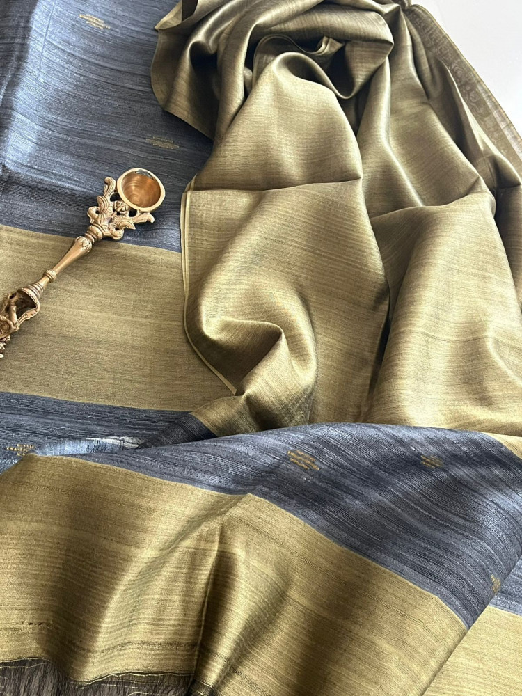 Image of Pure Tussar Geecha Silk Handwoven Suits - Grey - Olive Green