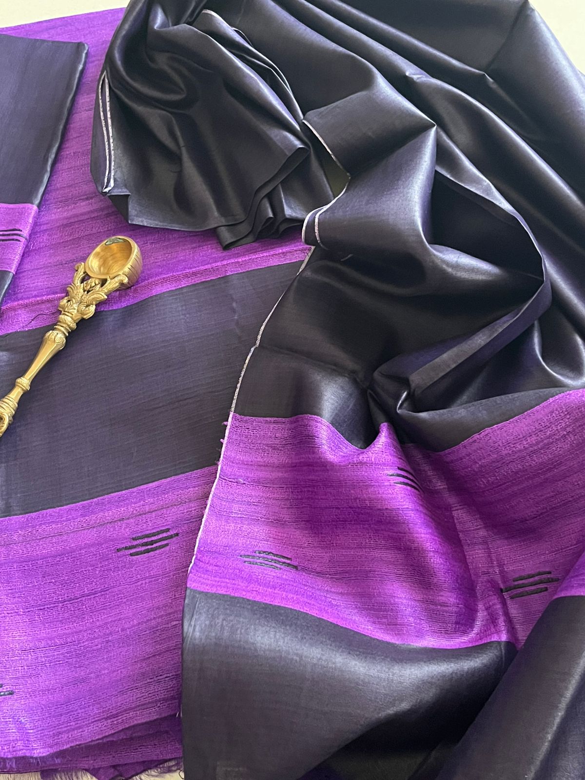 Pure Tussar Geecha Silk Handwoven Suits - Purple - Black