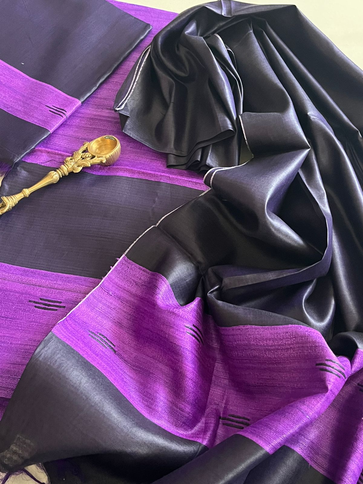 Pure Tussar Geecha Silk Handwoven Suits - Purple - Black