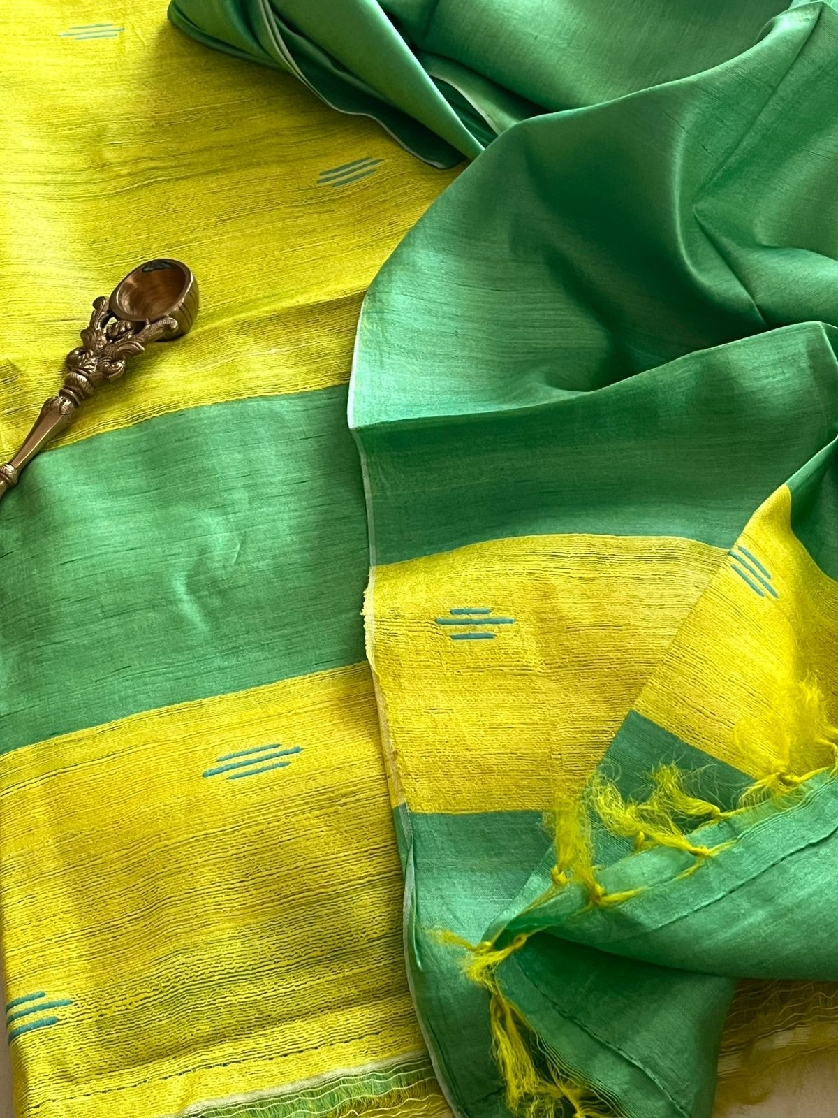 Pure Tussar Geecha Silk Handwoven Suits - Lime - Green