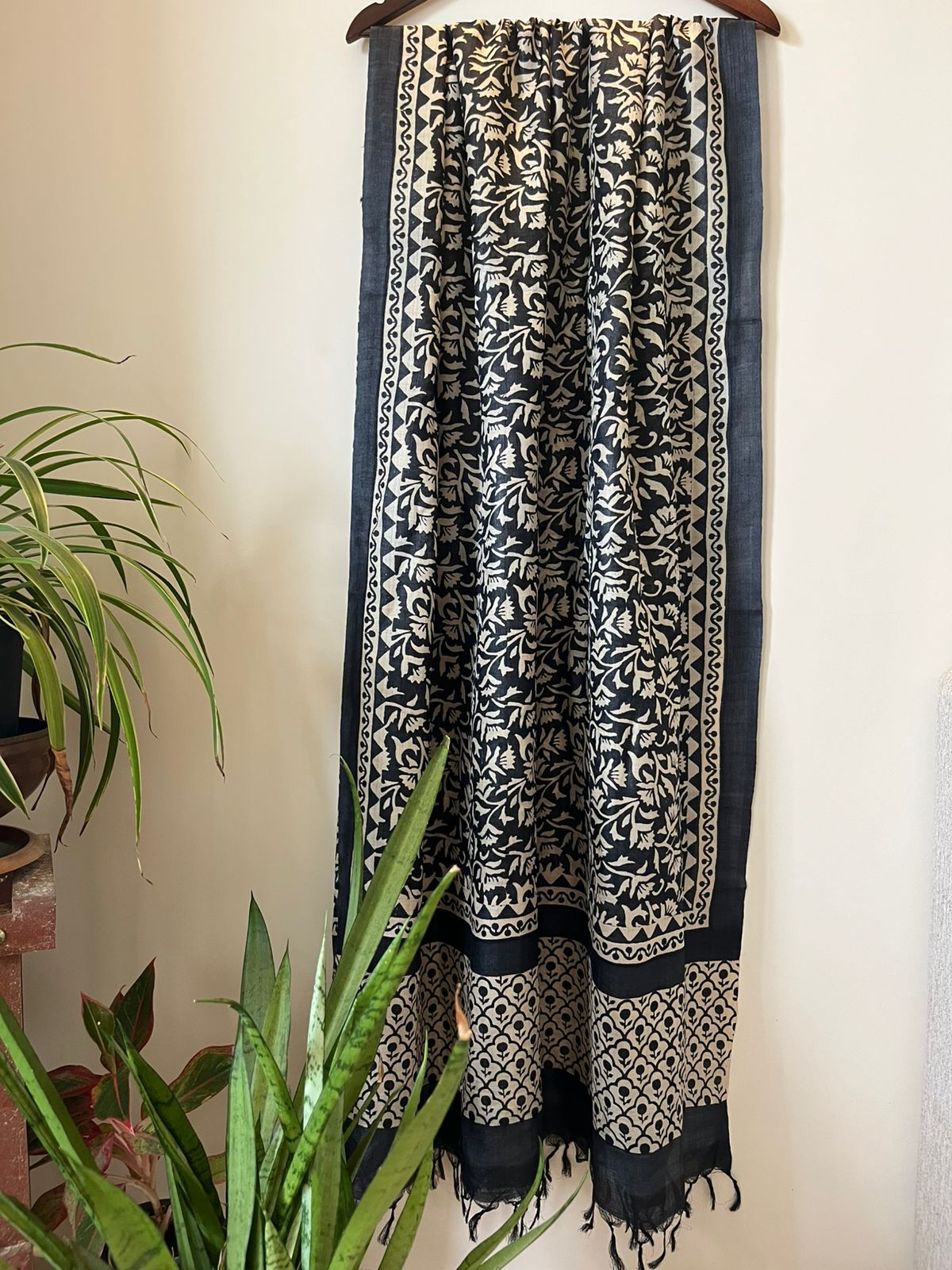 Pure Silk Tussar Handblock printed dupatta - Black With Beige