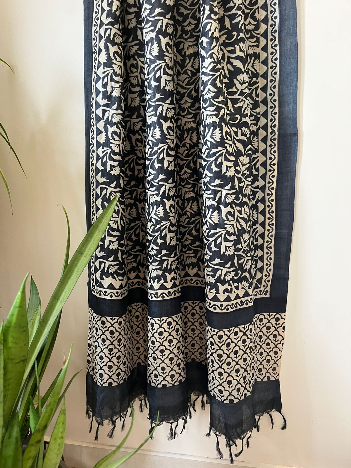 Pure Silk Tussar Handblock printed dupatta - Black With Beige