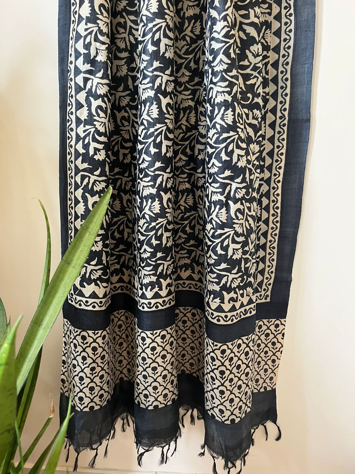 Pure Silk Tussar Handblock printed dupatta - Black With Beige