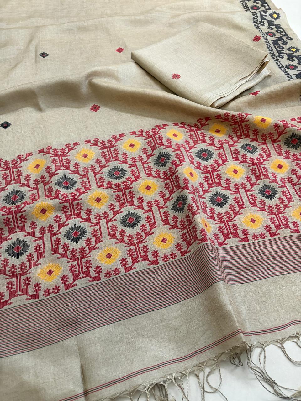 Pure Tussar Silk Kurta Dupatta Set with Jamdani Weave - Beige