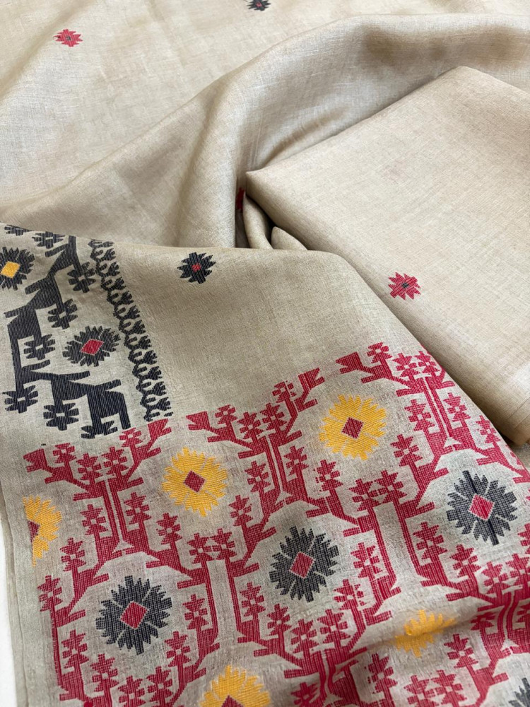Image of Pure Tussar Silk Kurta Dupatta Set with Jamdani Weave - Beige
