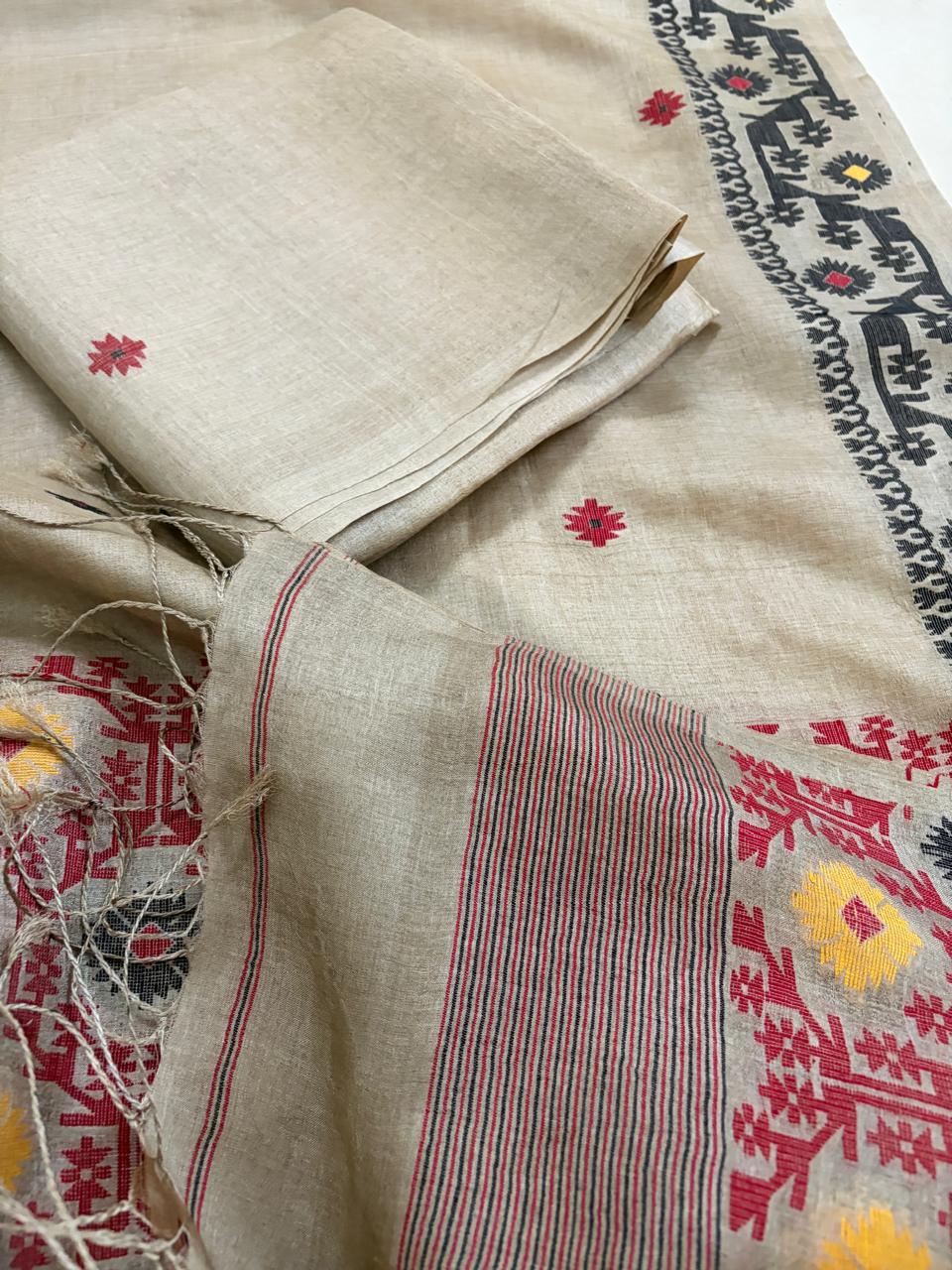 Pure Tussar Silk Kurta Dupatta Set with Jamdani Weave - Beige