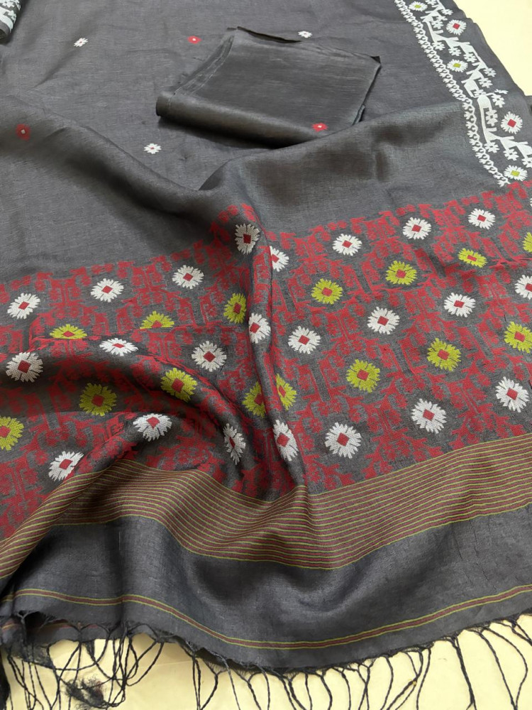 Image of Pure Tussar Silk Kurta Dupatta Set with Jamdani Weave - Charcoal Black