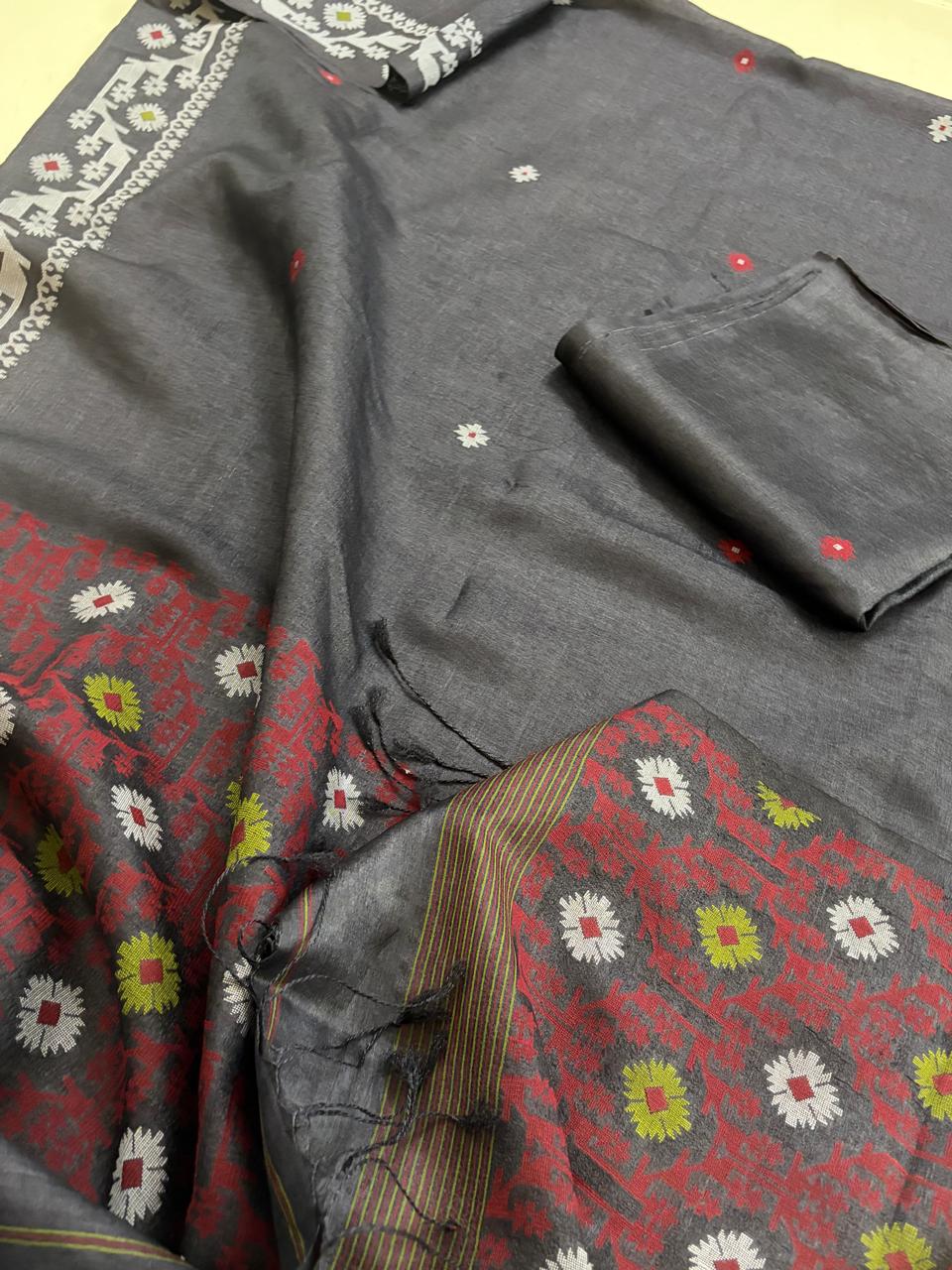 Pure Tussar Silk Kurta Dupatta Set with Jamdani Weave - Charcoal Black