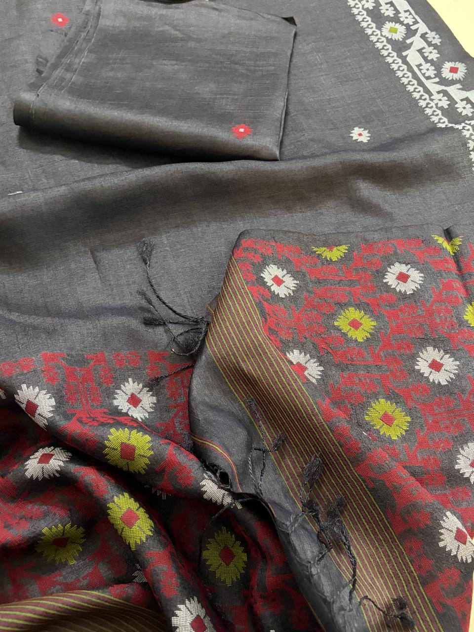 Pure Tussar Silk Kurta Dupatta Set with Jamdani Weave - Charcoal Black
