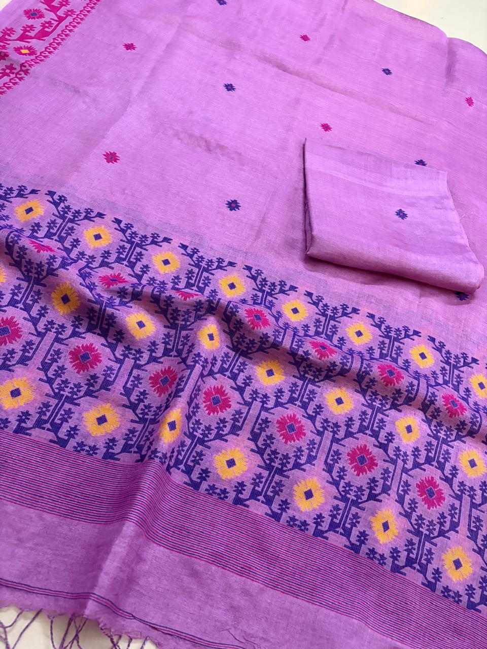 Pure Tussar Silk Kurta Dupatta Set with Jamdani Weave - Lavendar