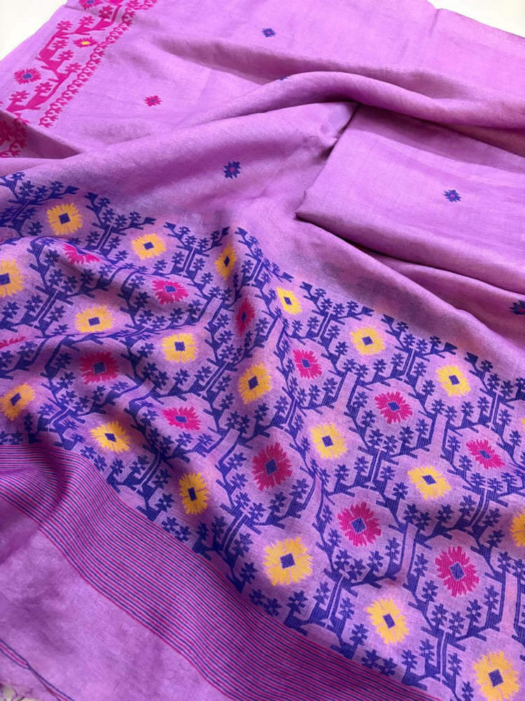 Image of Pure Tussar Silk Kurta Dupatta Set with Jamdani Weave - Lavendar