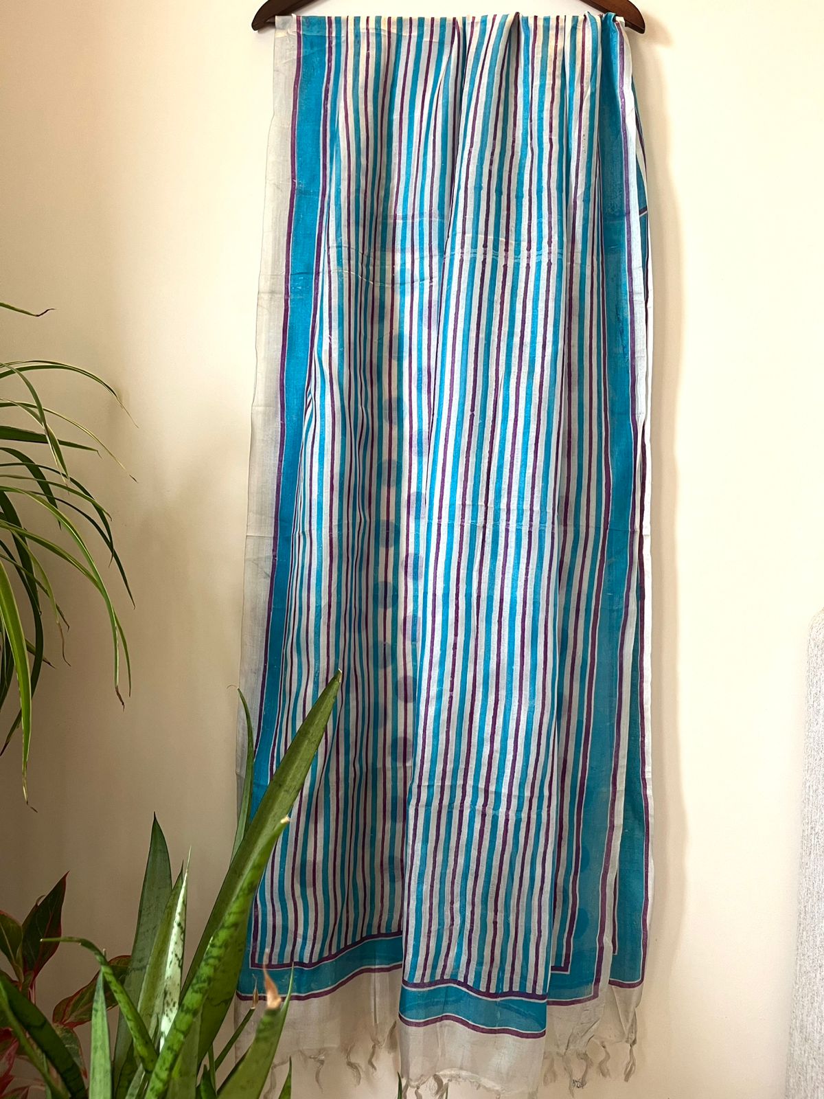 Pure Silk Tussar Printed Dupatta - White With Blue And Purple