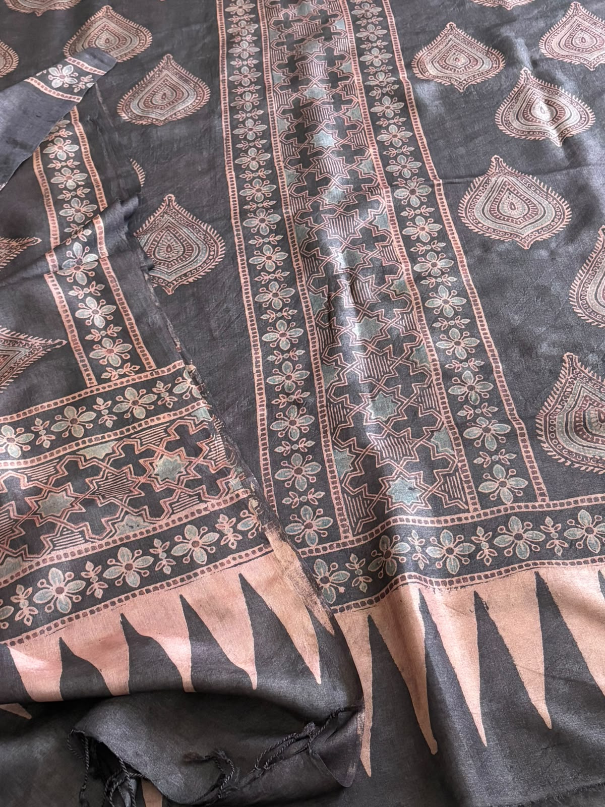 Pure Tussar Silk Ajrakh Handblock Print Kurta Dupatta -  Charcoal Black