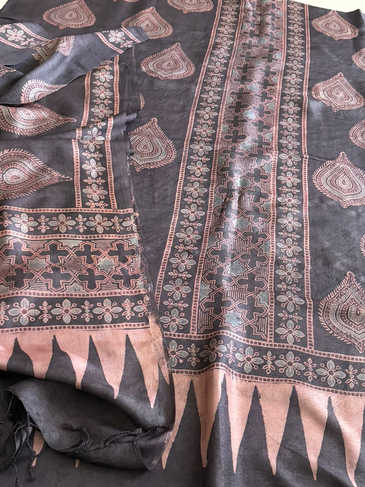 Pure Tussar Silk Ajrakh Handblock Print Kurta Dupatta -  Charcoal Black