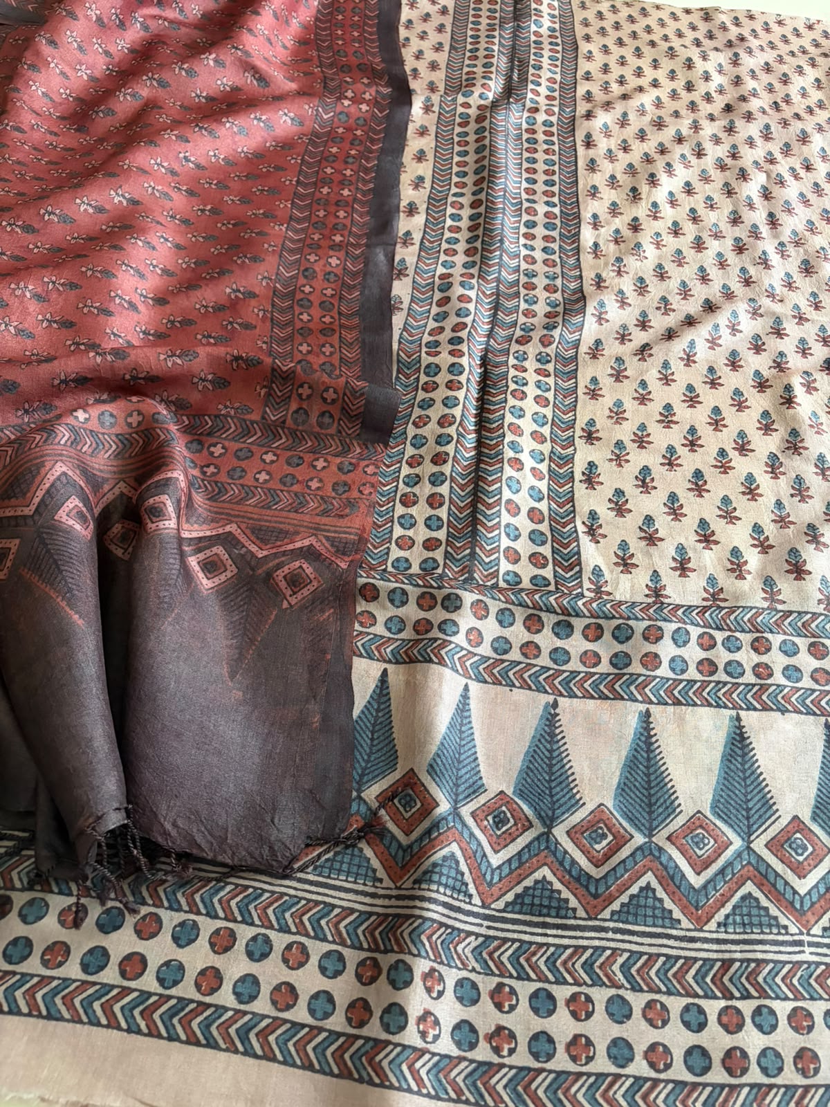 Pure Tussar Silk Ajrakh Handblock Print Kurta Dupatta - Beige