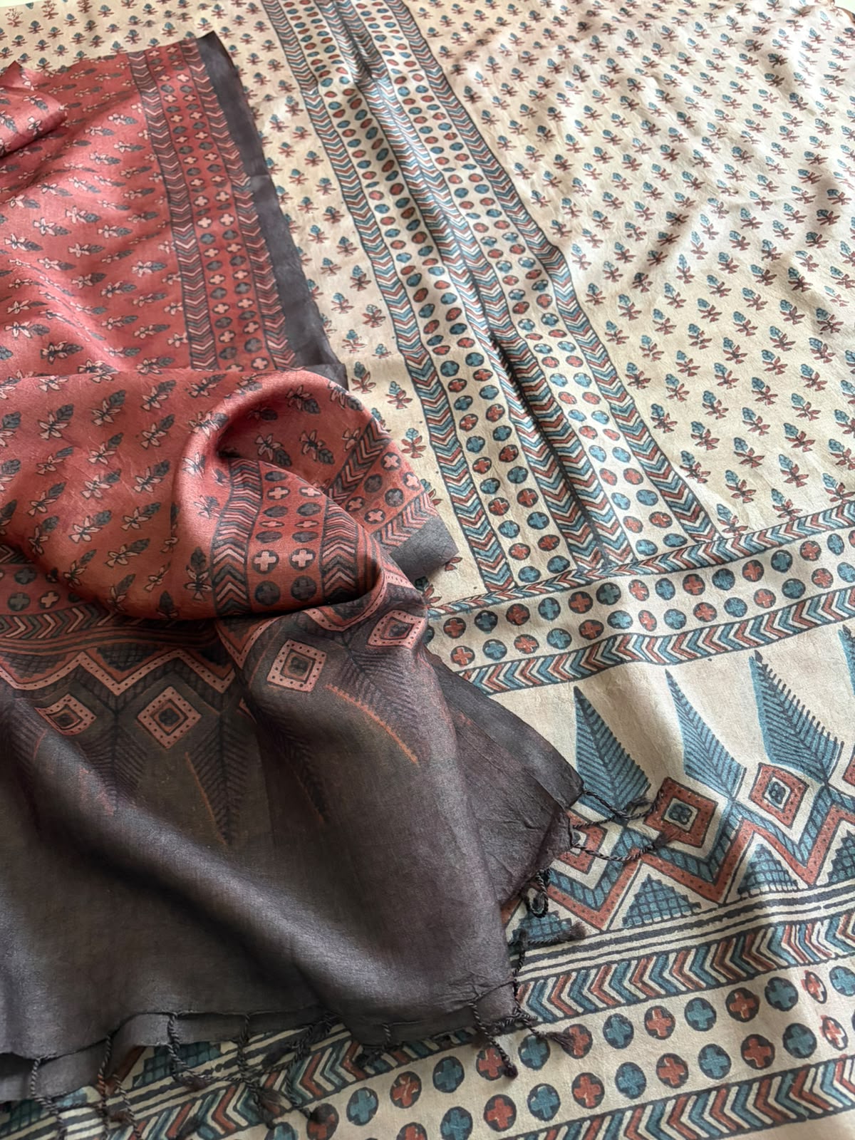 Pure Tussar Silk Ajrakh Handblock Print Kurta Dupatta - Beige