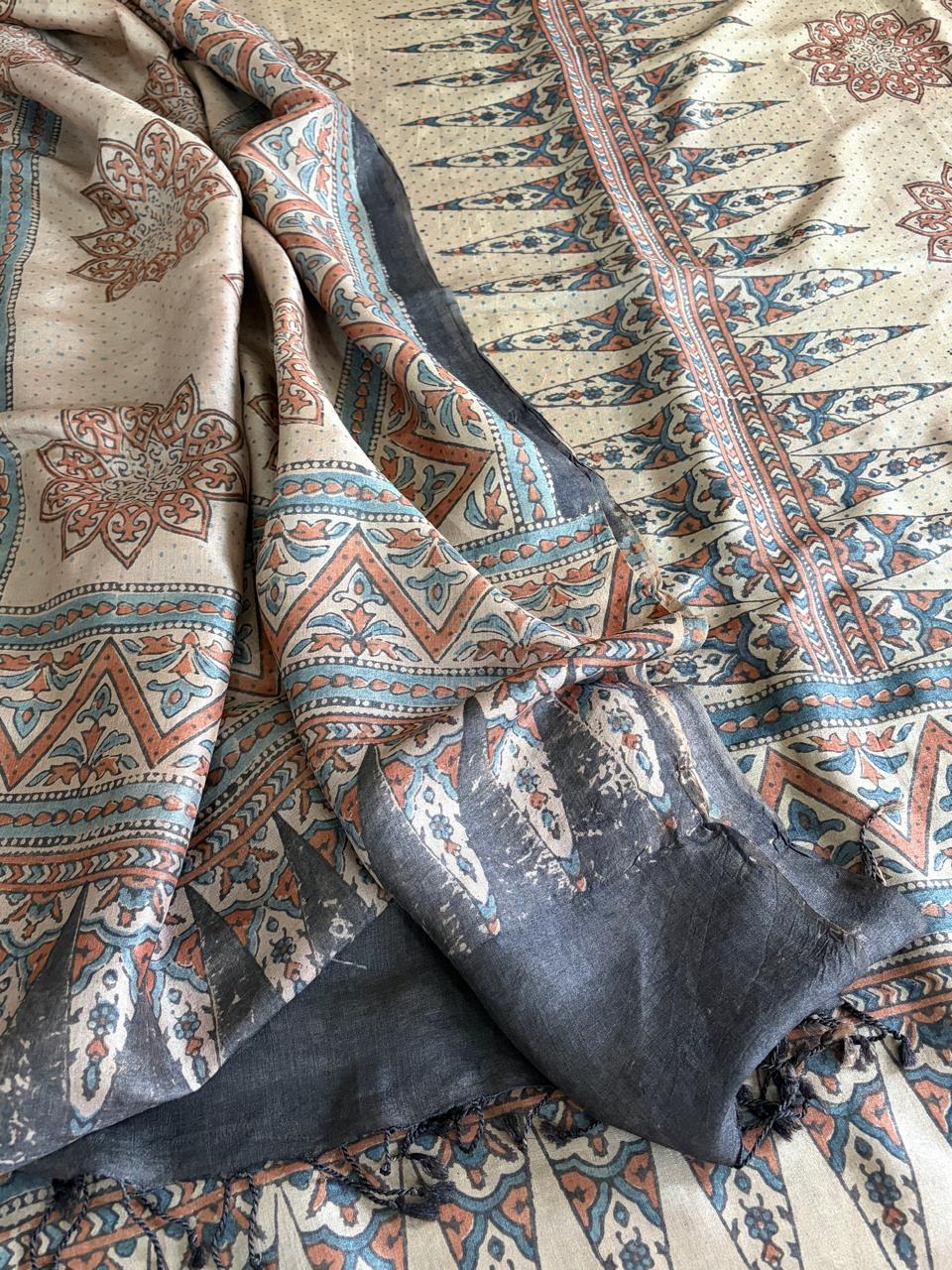 Pure Tussar Silk Ajrakh Handblock Print Kurta Dupatta - Beige