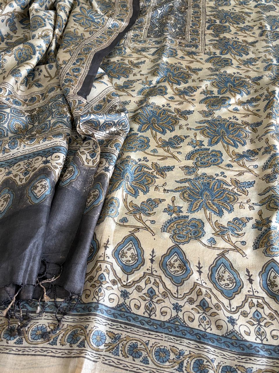 Pure Tussar Silk Ajrakh Handblock Print Kurta Dupatta - Beige