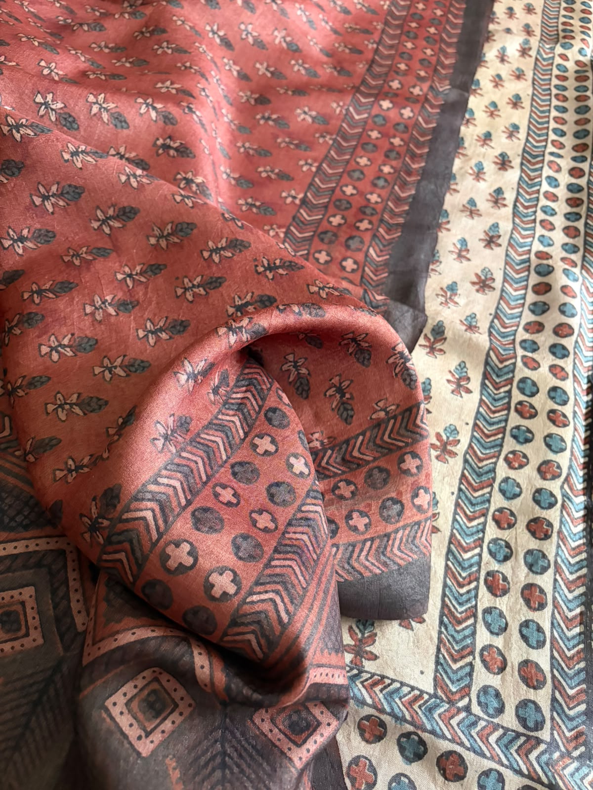 Pure Tussar Silk Ajrakh Handblock Print Kurta Dupatta - Beige