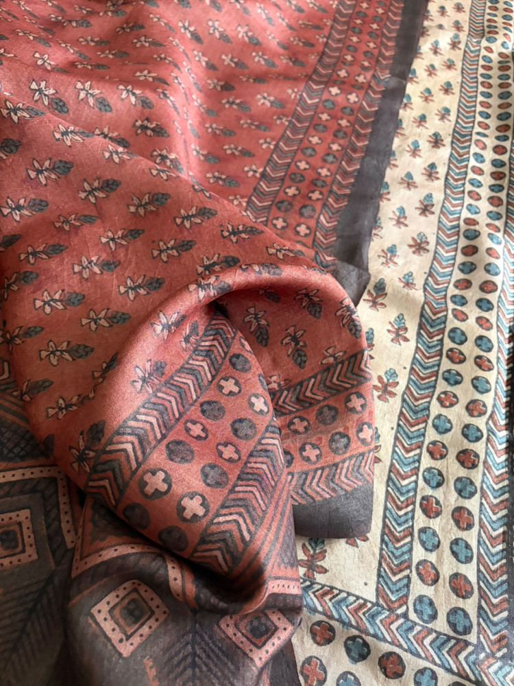 Image of Pure Tussar Silk Ajrakh Handblock Print Kurta Dupatta - Beige