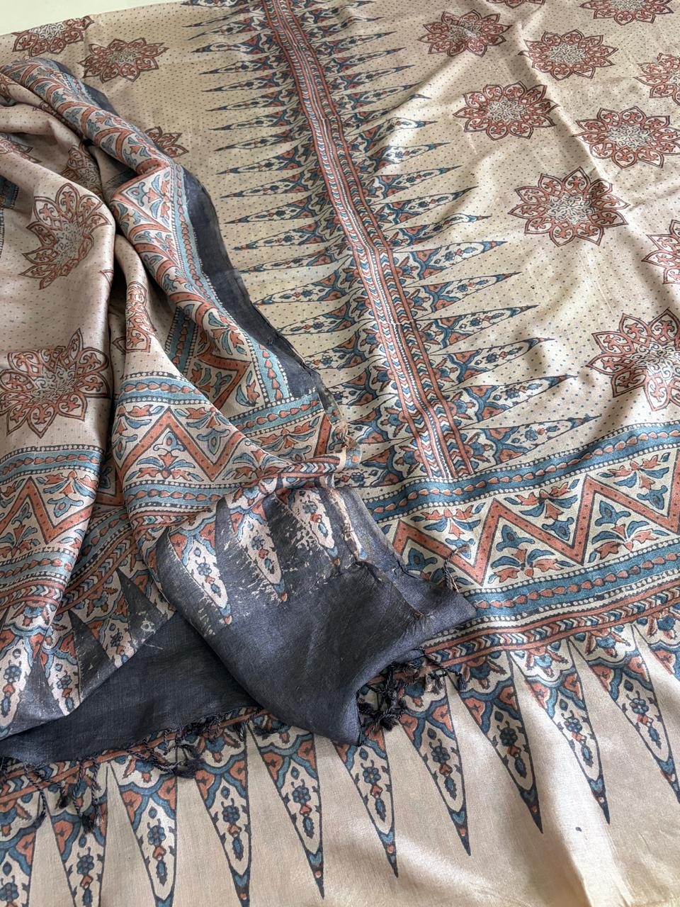 Pure Tussar Silk Ajrakh Handblock Print Kurta Dupatta - Beige