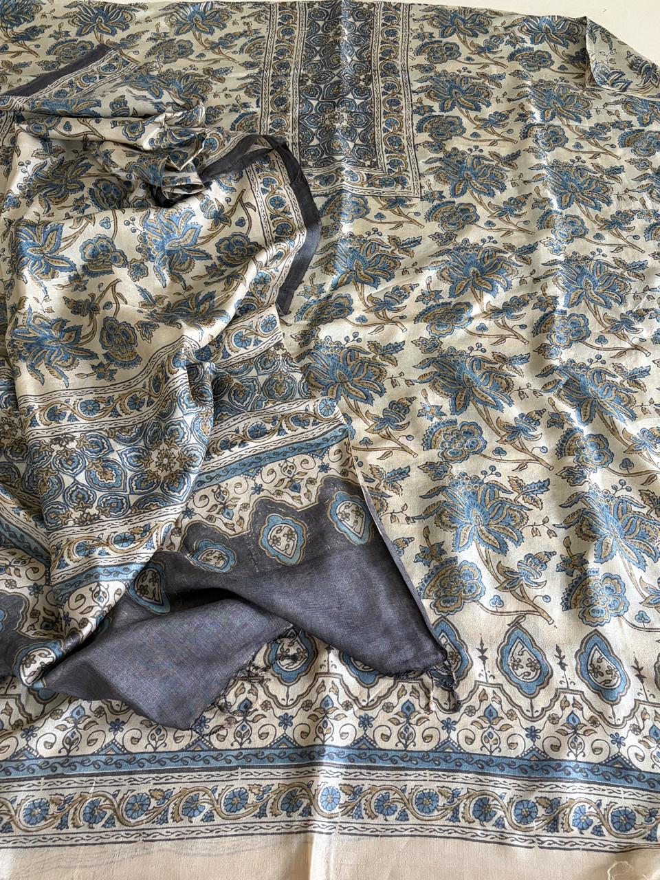 Pure Tussar Silk Ajrakh Handblock Print Kurta Dupatta - Beige