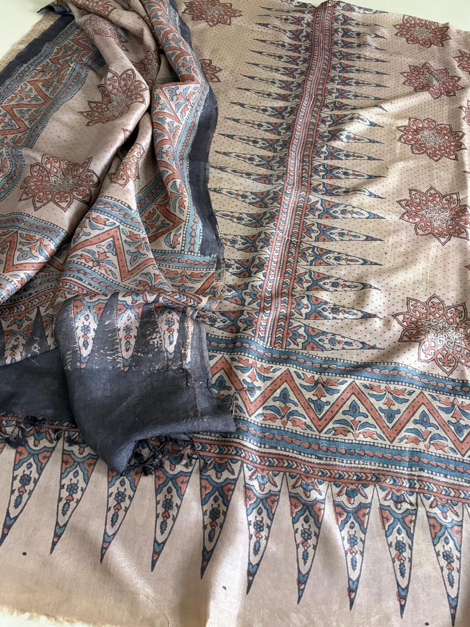 Pure Tussar Silk Ajrakh Handblock Print Kurta Dupatta - Beige