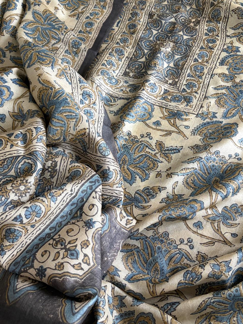 Pure Tussar Silk Ajrakh Handblock Print Kurta Dupatta - Beige