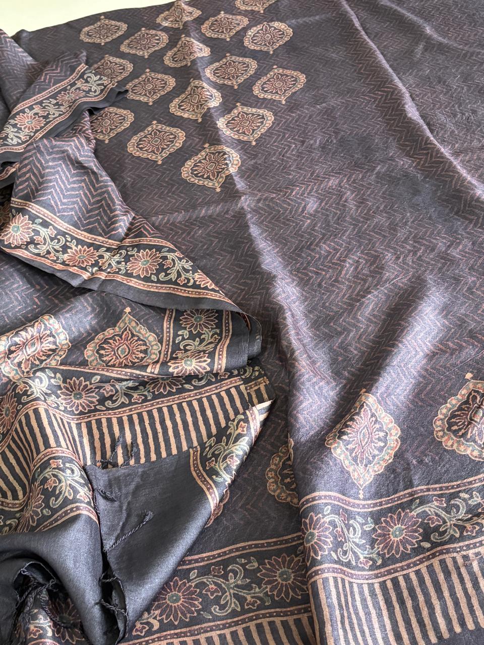 Pure Tussar Silk Ajrakh Handblock Print Kurta Dupatta - Black