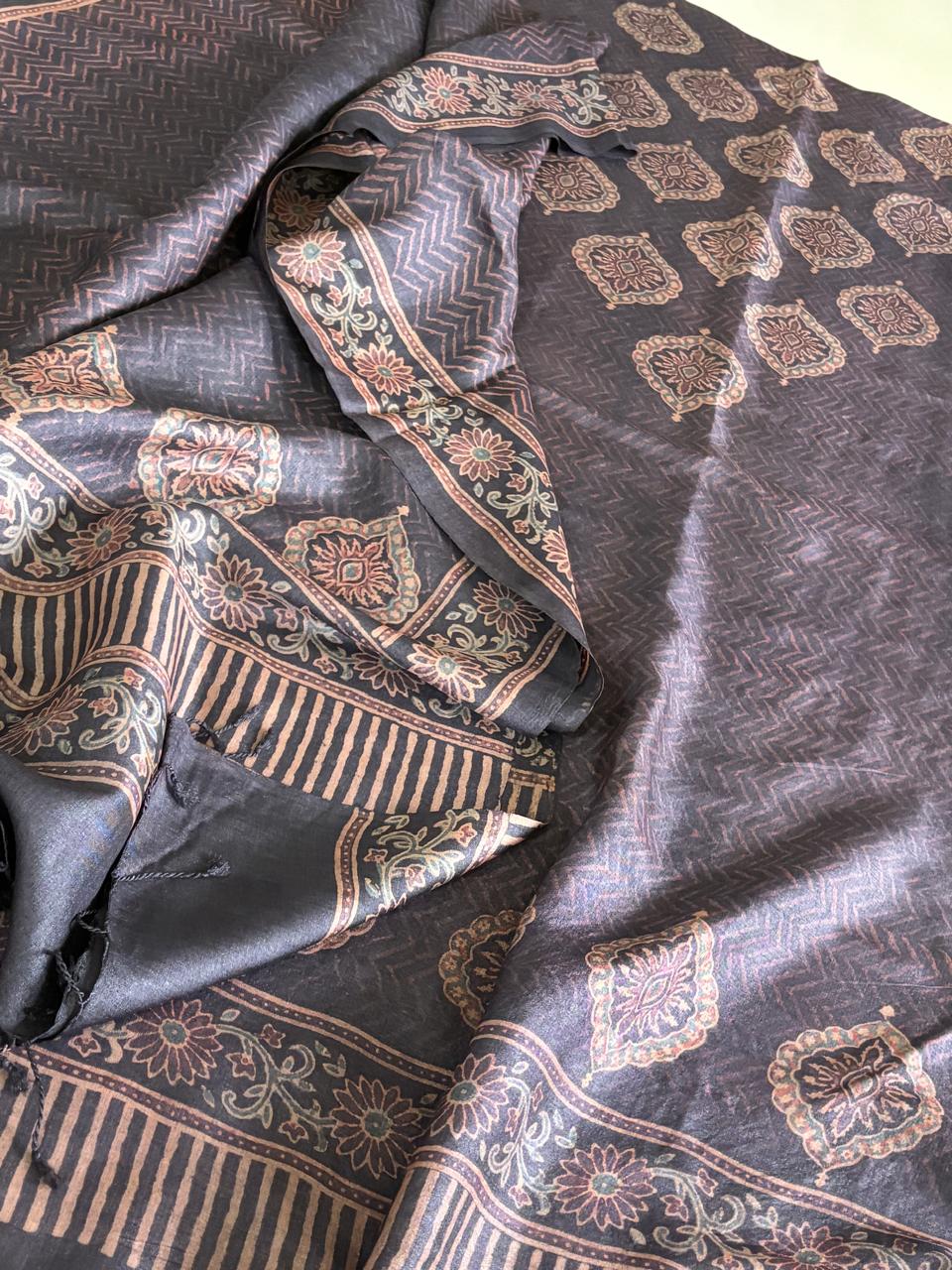 Pure Tussar Silk Ajrakh Handblock Print Kurta Dupatta - Black