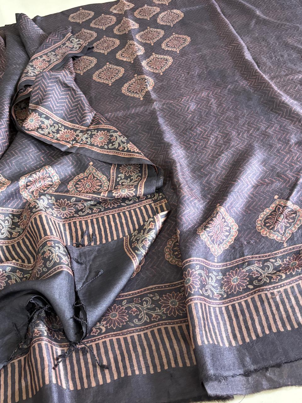 Pure Tussar Silk Ajrakh Handblock Print Kurta Dupatta - Black