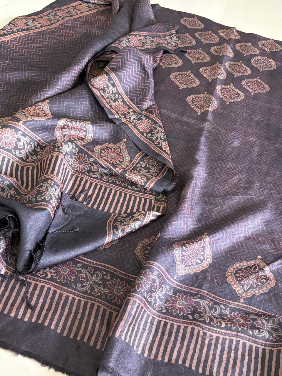 Pure Tussar Silk Ajrakh Handblock Print Kurta Dupatta - Black