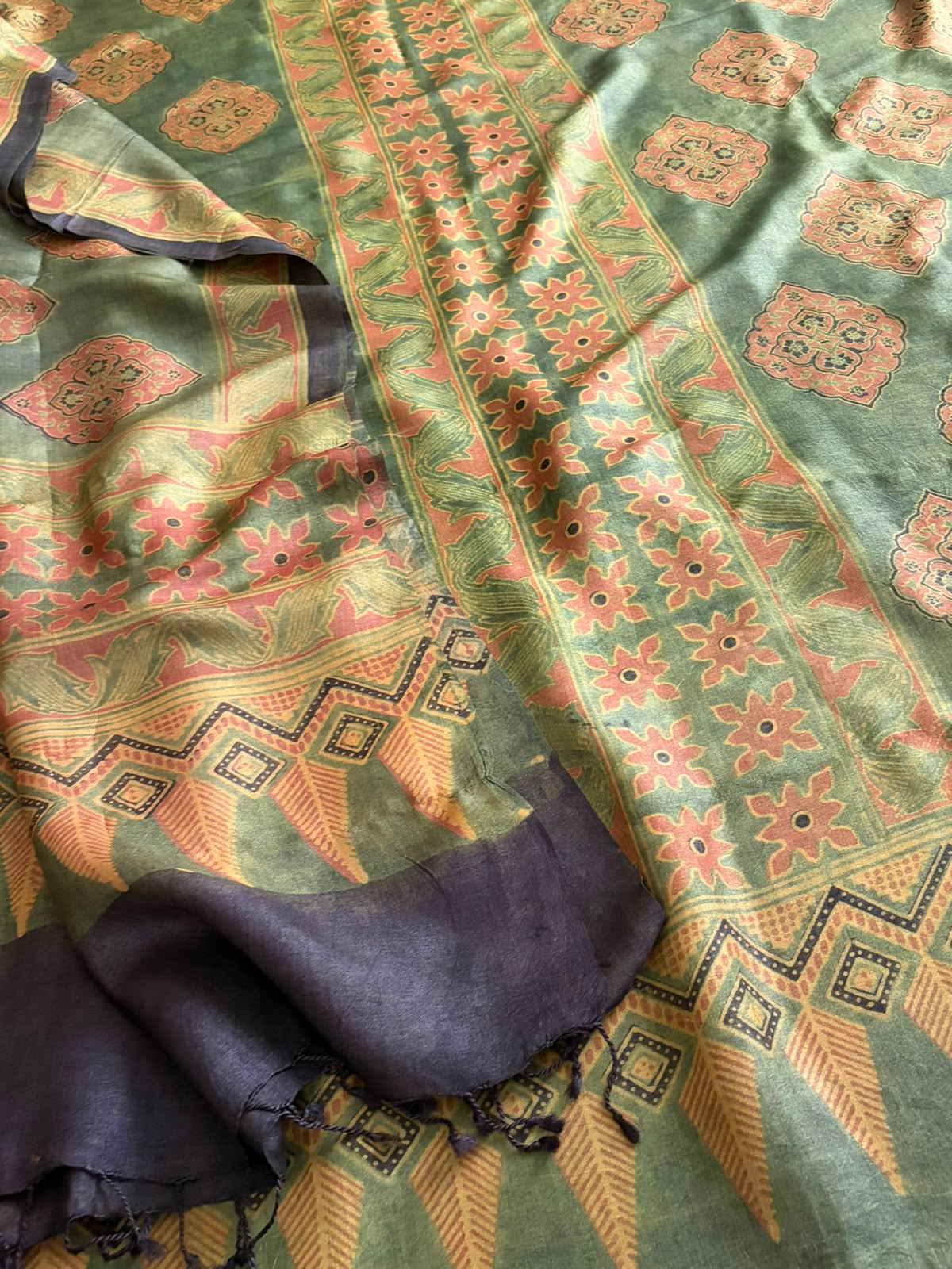 Pure Tussar Silk Ajrakh Handblock Print Kurta Dupatta - Green