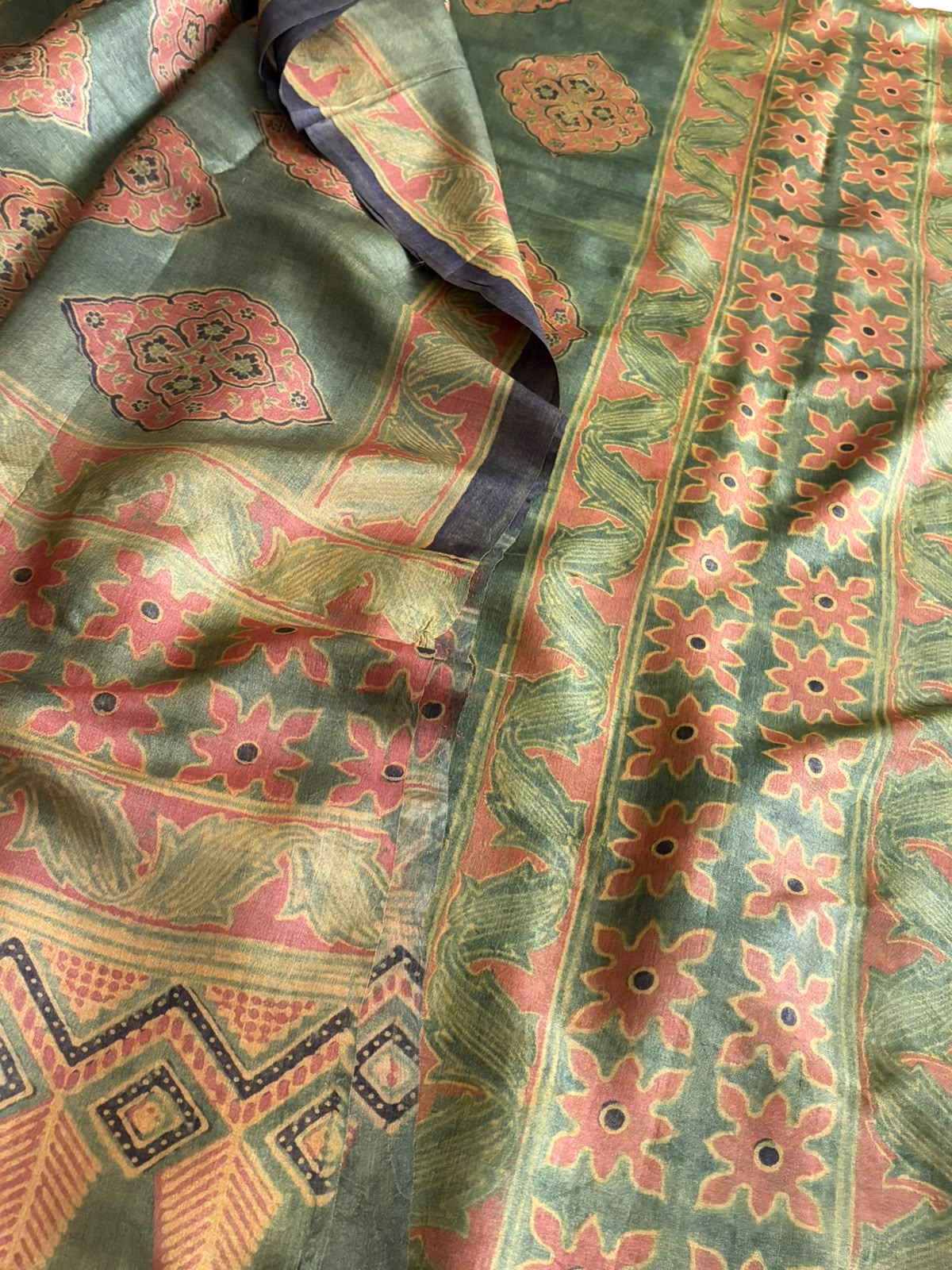 Pure Tussar Silk Ajrakh Handblock Print Kurta Dupatta - Green