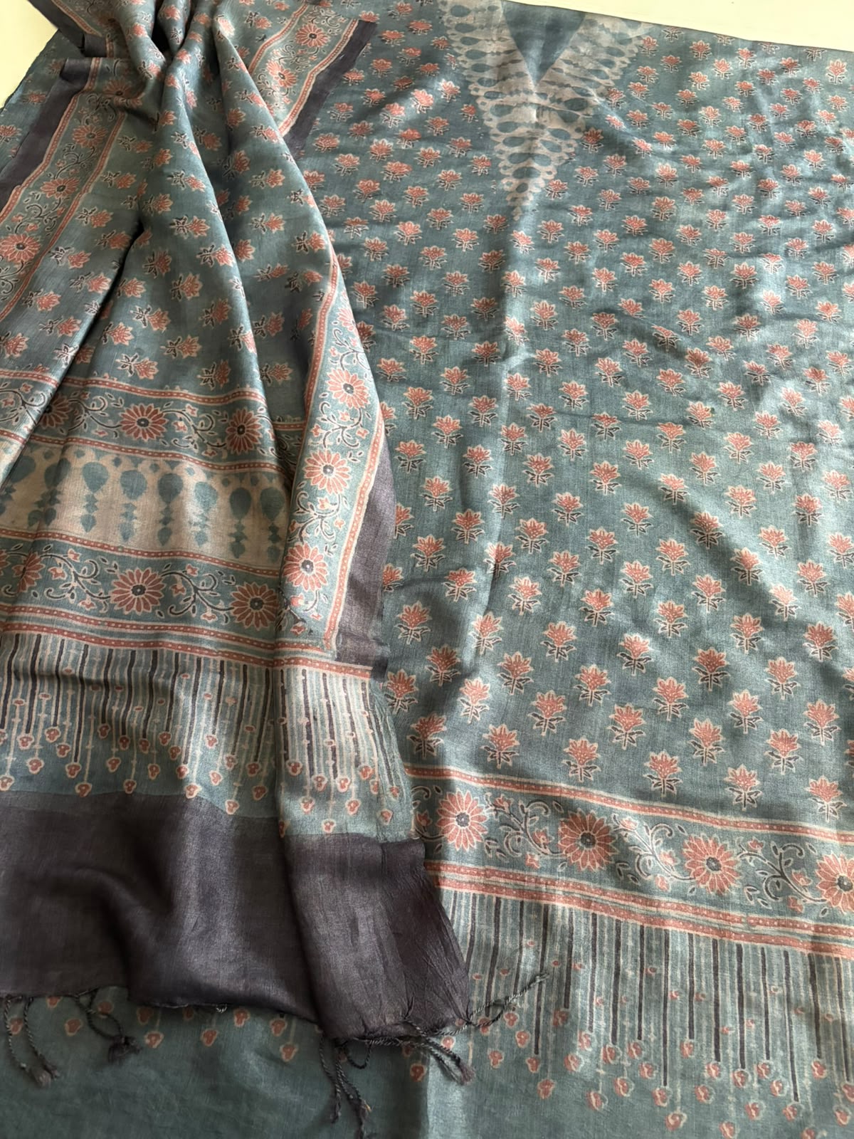 Pure Tussar Silk Ajrakh Handblock Print Kurta Dupatta - Greyish Blue