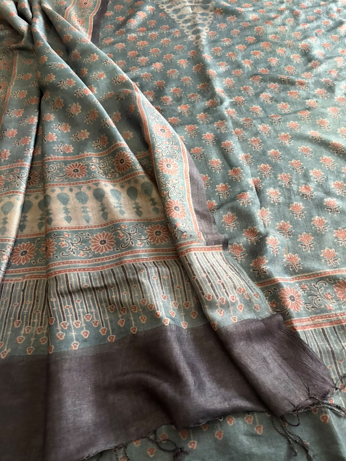 Pure Tussar Silk Ajrakh Handblock Print Kurta Dupatta - Greyish Blue