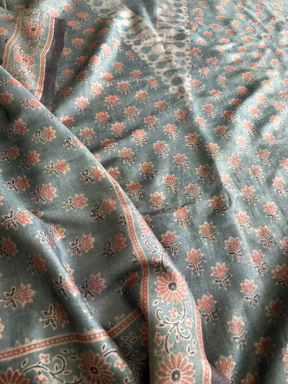 Pure Tussar Silk Ajrakh Handblock Print Kurta Dupatta - Greyish Blue
