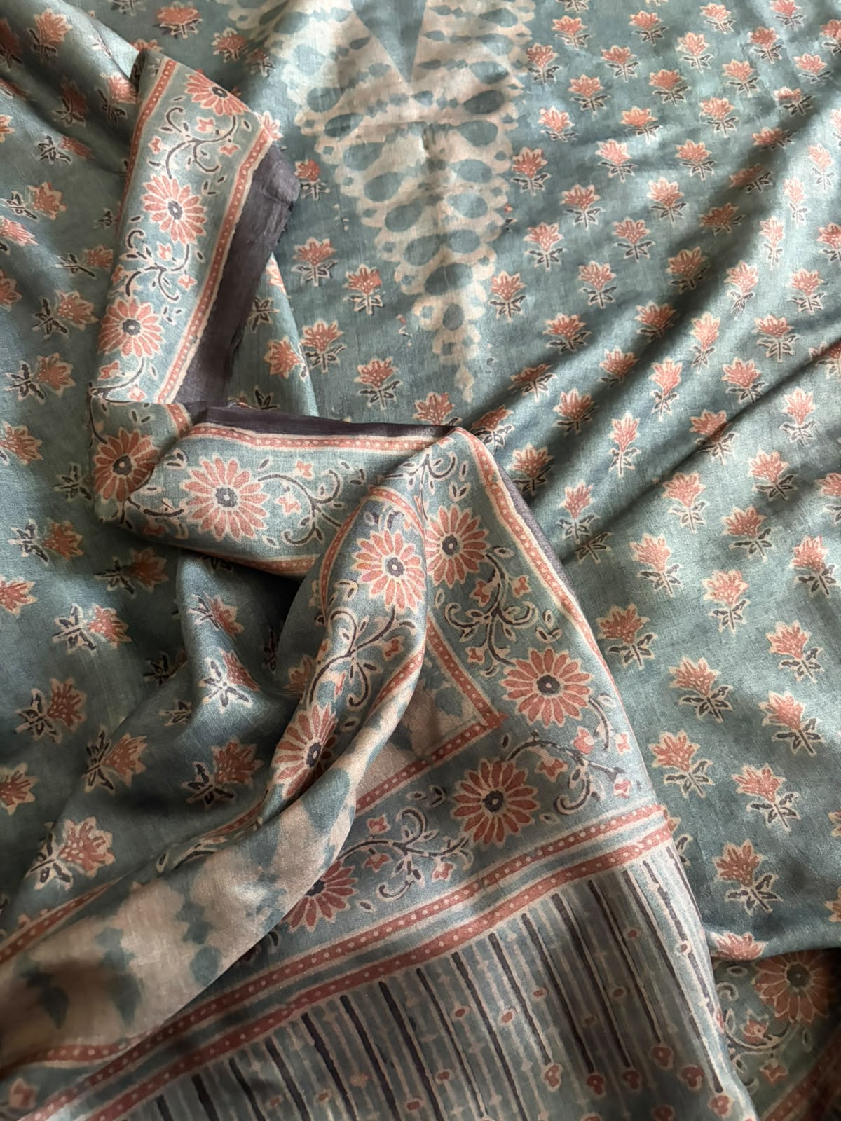 Pure Tussar Silk Ajrakh Handblock Print Kurta Dupatta - Greyish Blue
